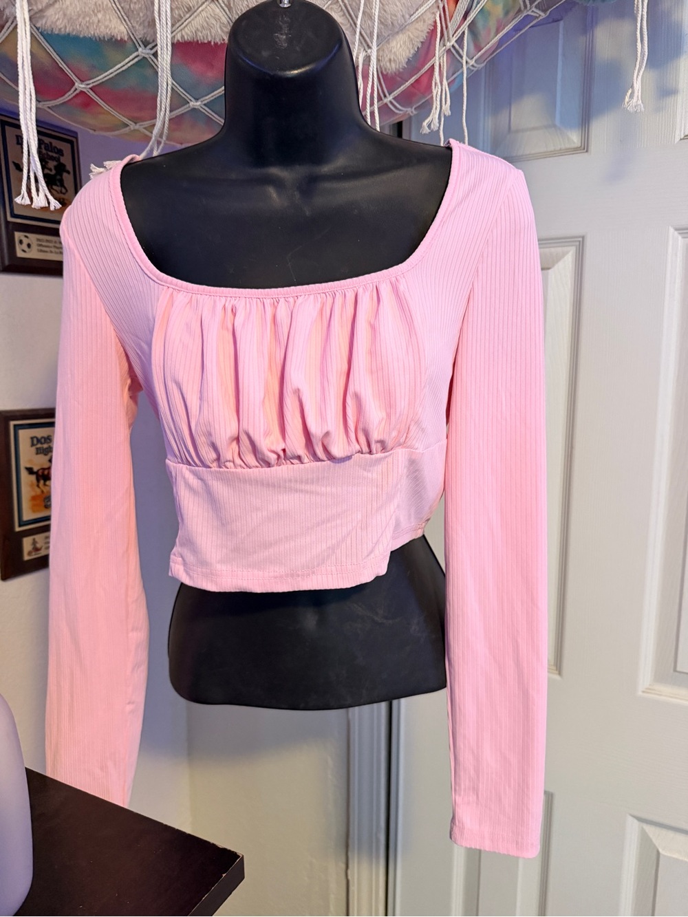 SHEIN Pink Long Sleeve Square Neck Ruched Crop Top